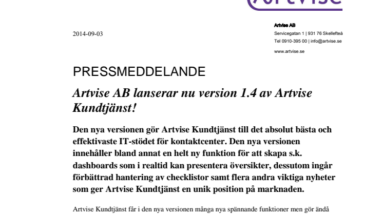 Artvise AB lanserar nu version 1.4 av Artvise Kundtjänst!