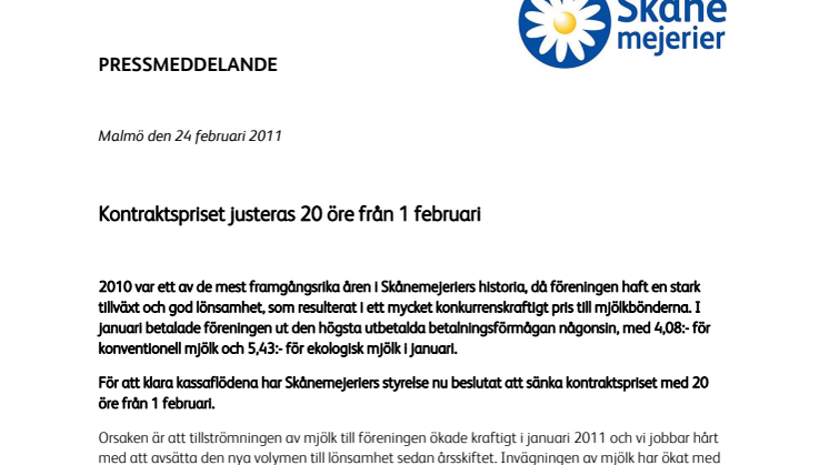 Kontraktspriset justeras 20 öre från 1 februari