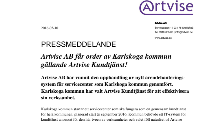 Artvise AB får order av Karlskoga kommun gällande Artvise Kundtjänst!