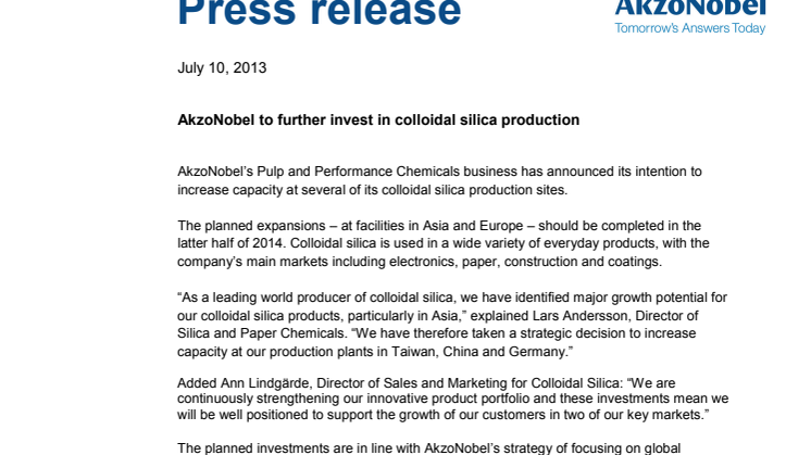 AkzoNobel to further invest in colloidal silica production