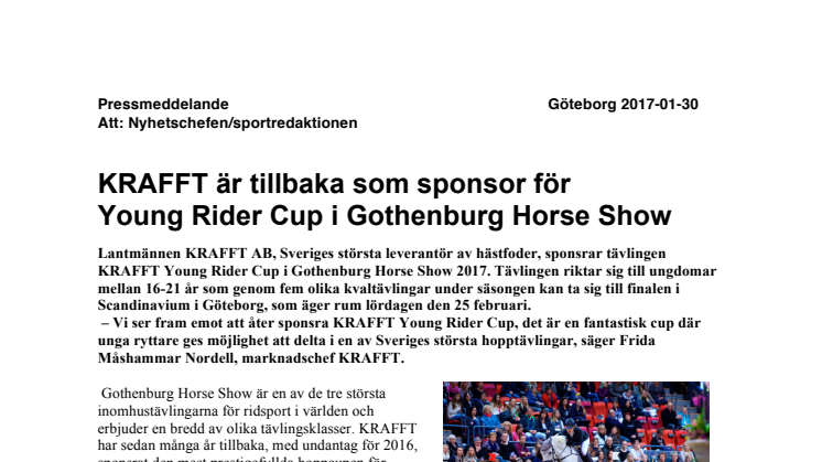 KRAFFT är tillbaka som sponsor för  Young Rider Cup i Gothenburg Horse Show