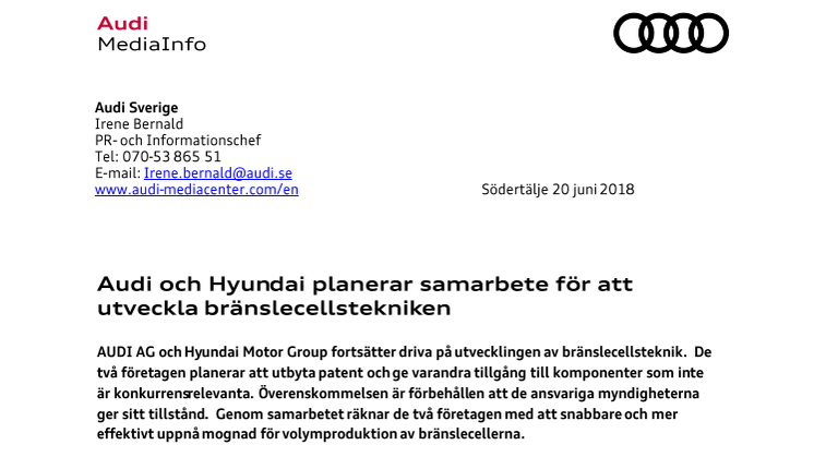 Audi och Hyundai planerar samarbete för att utveckla bränslecellstekniken