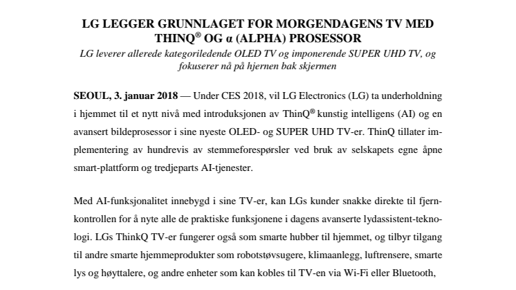 LG LEGGER GRUNNLAGET FOR MORGENDAGENS TV MED THINQ® OG α (ALPHA) PROSESSOR
