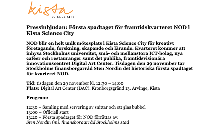 Pressinbjudan: Första spadtaget för framtidskvarteret NOD i Kista Science City