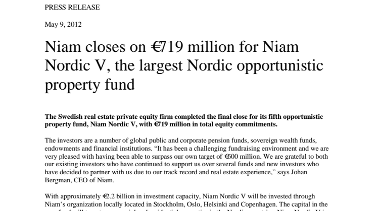 Niam closes on €719 million for Niam Nordic V, the largest Nordic opportunistic property fund