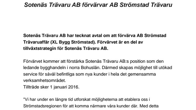 Sotenäs Trävaru AB förvärvar AB Strömstad Trävaruaffär