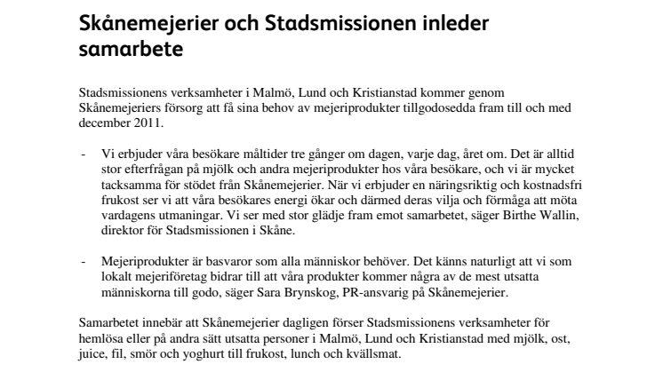 Skånemejerier och Stadsmissionen inleder samarbete