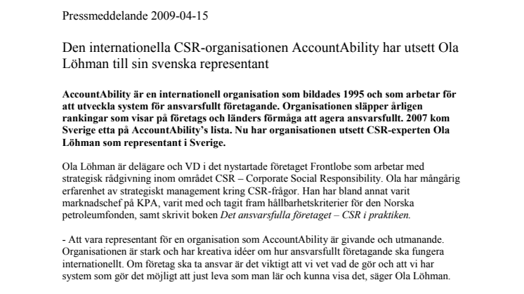 AccountAbility väljer csr-experten Ola Löhman som sin svenska representant