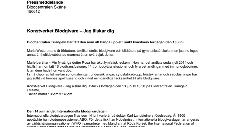 Konstverket  Blodgivare - Jag älskar dig