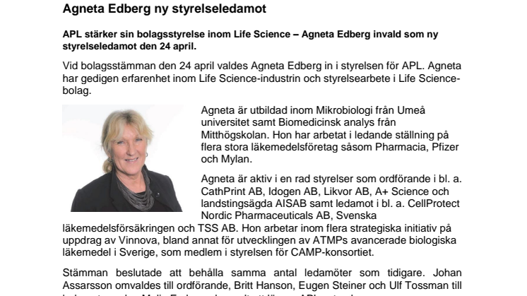 Agneta Edberg ny ledamot i APLs styrelse