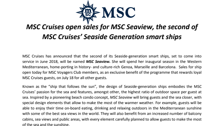  MSC Cruises open sales for MSC Seaview, the second of MSC Cruises’ Seaside Generation smart ships