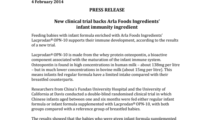 New clinical trial backs Arla Foods Ingredients’infant immunity ingredient 