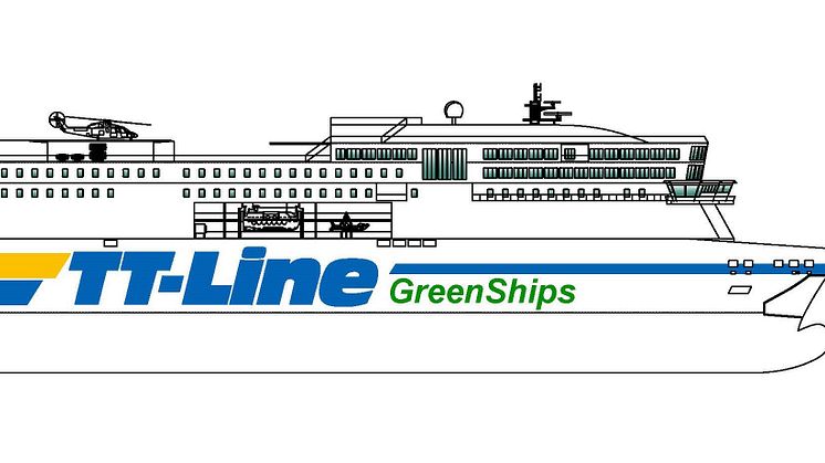 Skiss på sidovyn av TT-Lines framtidssäkrade Green Ship som kommer att levereras under 2022.