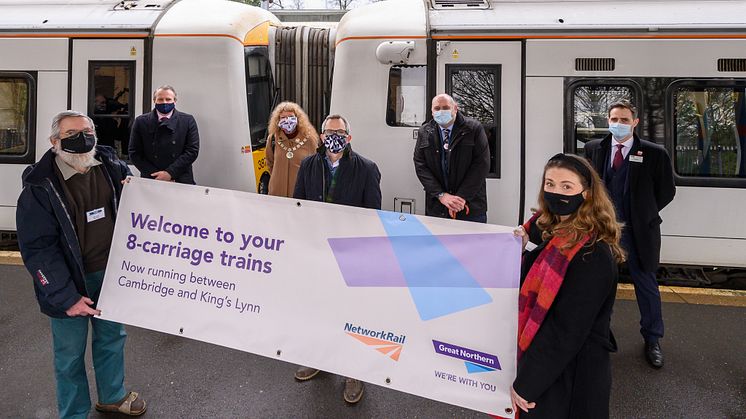 Celebrating the first, preview, of an 8-carriage train at King's Lynn station, 11 December 2020