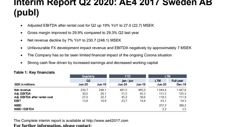 Interim Report Q2 2020: AE4 2017 Sweden AB (publ)