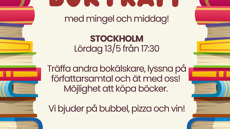 Välkommen på bokträff med bubbel, författarsamtal, goodiebooks, bokutlottning, pizza och vin!