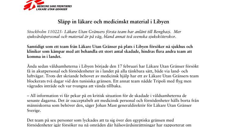 Släpp in läkare och medicinskt material i Libyen
