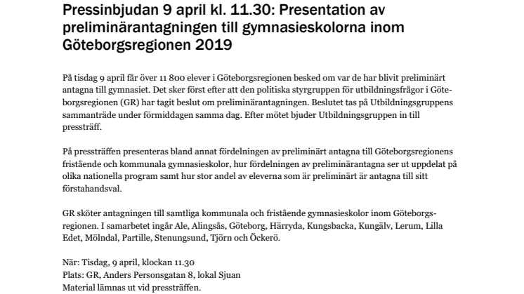 Inbjudan till pressträff tisdag 9 april kl. 11.30 - Presentation av preliminärantagningen till gymnasieskolorna inom Göteborgsregionen 2019