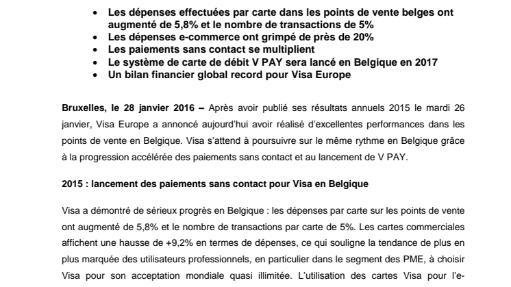 Visa Europe poursuit son accélération en Belgique, soutenue par le lancement des paiements sans contact 