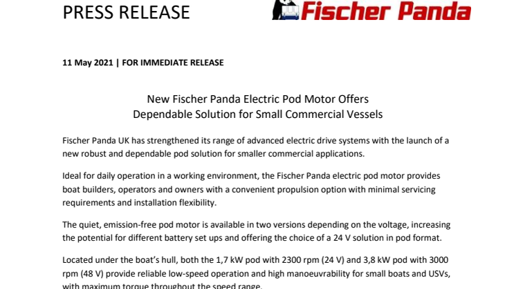 New Fischer Panda Electric Pod Motor Offers Dependable Solution for Small Commercial Vessels