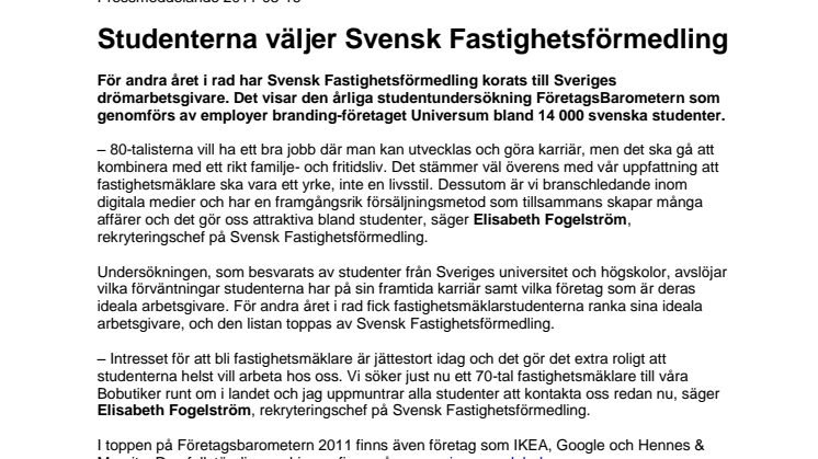 Studenterna väljer Svensk Fastighetsförmedling 