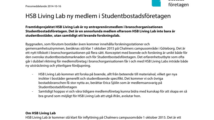 HSB Living Lab ny medlem i Studentbostadsföretagen