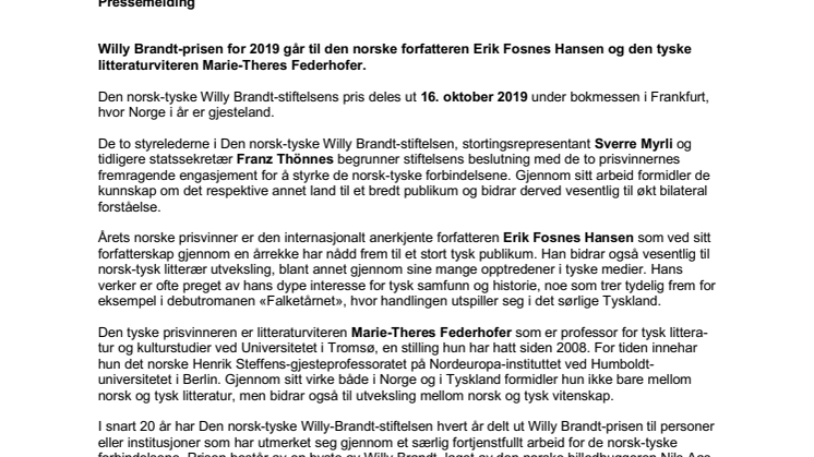 Erik Fosnes Hansen tildeles Willy Brandt-prisen