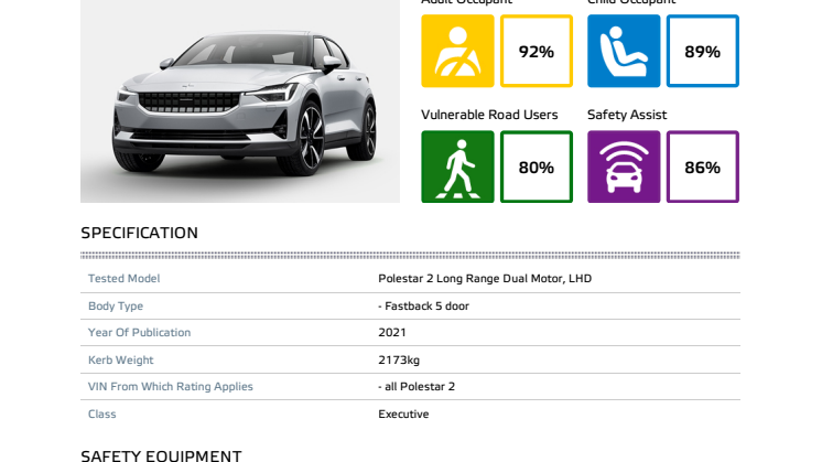 Polestar 2 Euro NCAP datasheet March 2021