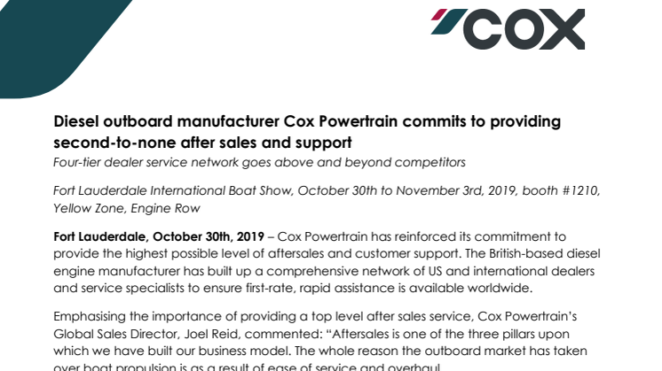 FLIBS 2019: Cox Powertrain commits to providing second-to-none after sales and support 
