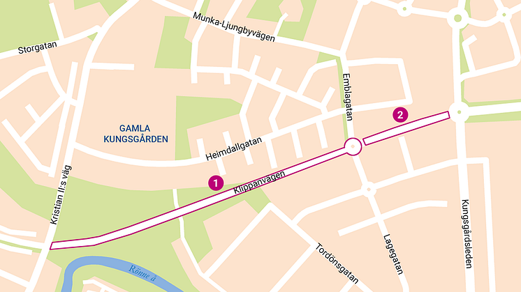 1: Sträckan mellan Kristian II:s väg och Lagegatan/Emblagatan samt den nya rondellen i korsningen öppnas upp för trafik den 26 oktober. 2: Sträckan mellan Lagegatan/Emblagatan och Kungsgårdsleden öppnar den 23 november.