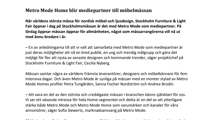 Metro Mode Home blir mediepartner till möbelmässan 
