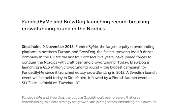 ​FundedByMe and BrewDog launch record-breaking crowdfunding round in the Nordics