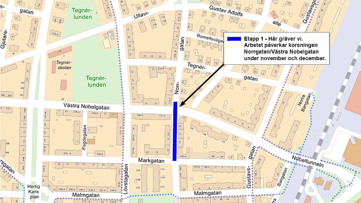 Nu byter vi VA-ledningar längs Norrgatan, karta över etapp 1.