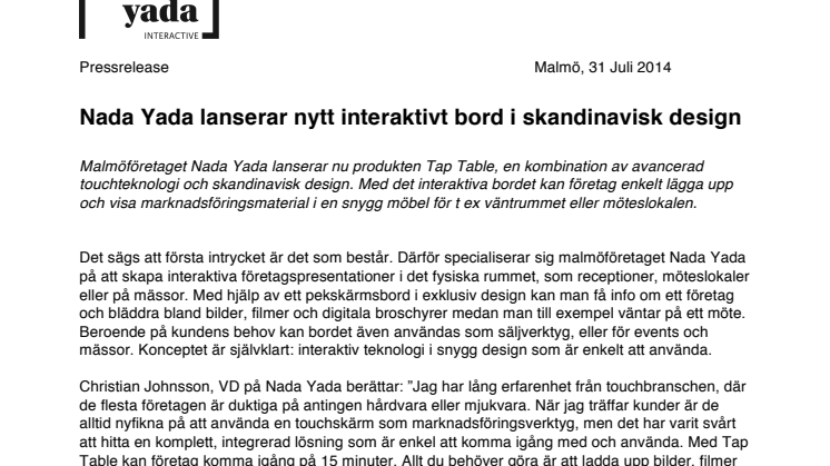Nada Yada lanserar nytt interaktivt bord i skandinavisk design 