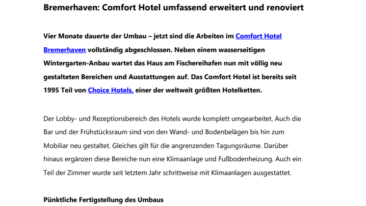 Bremerhaven: Comfort Hotel umfassend erweitert und renoviert