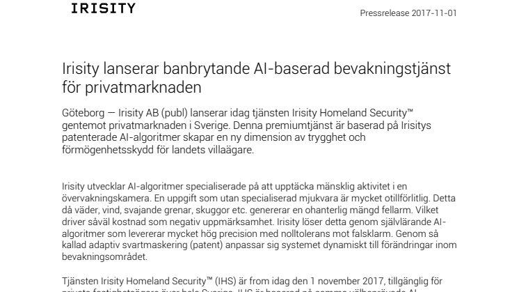 Irisity lanserar banbrytande AI-baserad bevakningstjänst för privatmarknaden