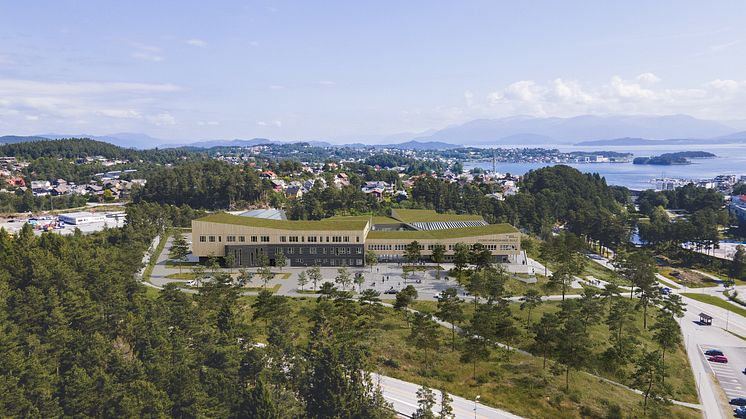 Stord vidaregåande skule skal legges på det eksisterende skoleplatået på Vabakkjen. Illutrasjon: LINK Arkitektur