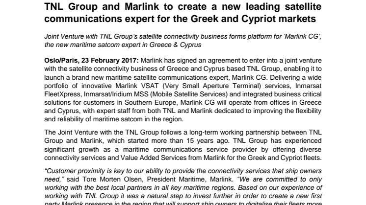 Marlink: TNL Group and Marlink to create a new leading satellite communications expert for the Greek and Cypriot markets