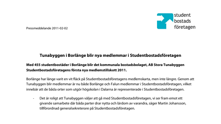 Tunabyggen i Borlänge blir nya medlemmar i Studentbostadsföretagen