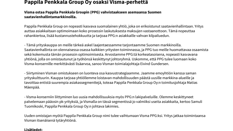 Pappila Penkkala Group Oy osaksi Visma-perhettä