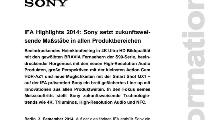 IFA Highlights 2014: Sony setzt zukunftsweisende Maßstäbe in allen Produktbereichen