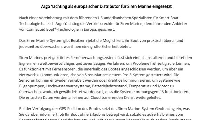 Argo Yachting als europäischer Distributor für Siren Marine eingesetzt 