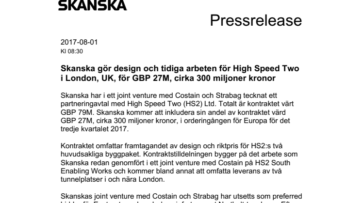 Skanska gör design och tidiga arbeten för High Speed Two i London, UK, för GBP 27M, cirka 300 miljoner kronor