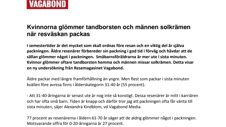 Kvinnorna glömmer tandborsten och männen solkrämen när resväskan packas