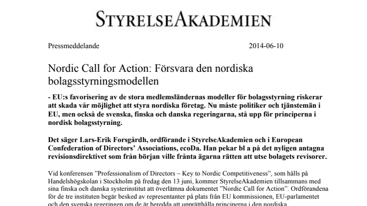 Nordic Call for Action: Försvara den nordiska bolagsstyrningsmodellen