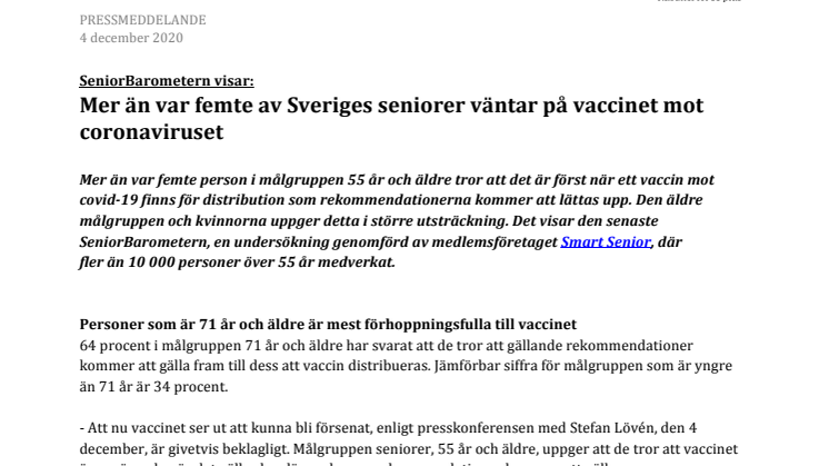 Mer än var femte av Sveriges seniorer väntar på vaccinet mot coronaviruset