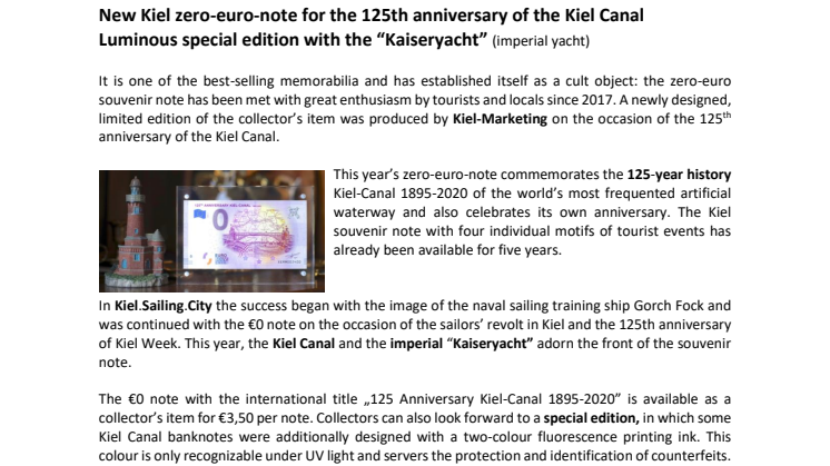 Press release: New Kiel zero-euro-note for the 125th anniversary of the Kiel Canal 