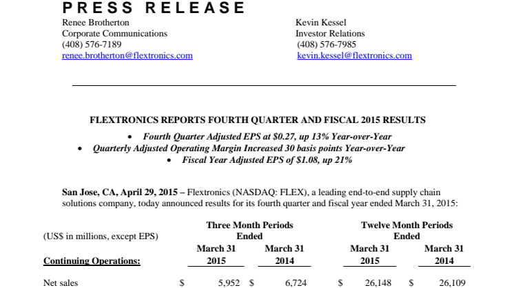 Flextronics Reports Fourth Quarter And Fiscal 2015 Results