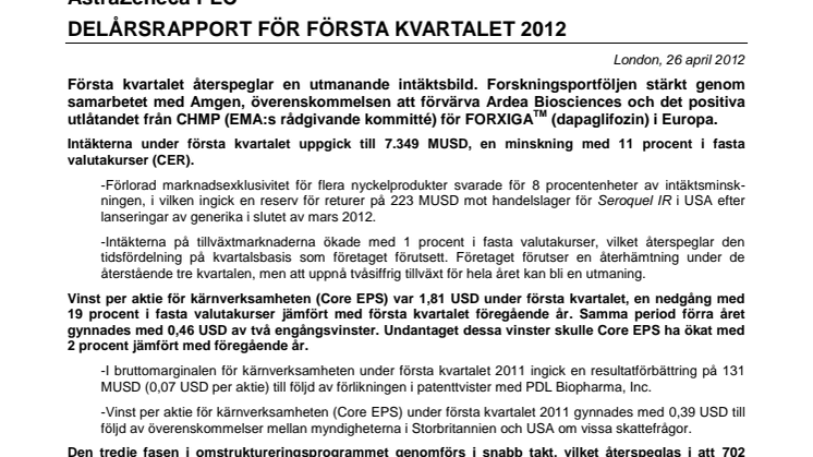 ASTRAZENECA PLC - DELÅRSRAPPORT FÖR FÖRSTA KVARTALET 2012
