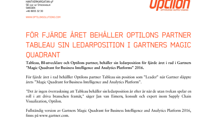 För fjärde året behåller Optilons partner Tableau sin ledarpostion i Gartners Magic Quadrant